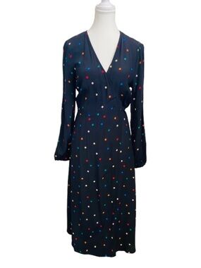 New Look Navy Multicolor Polka Dot Wrap Dress - Size  6 - Boho Retro